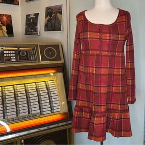 SO Red and Orange Plaid Long Sleeve Dress